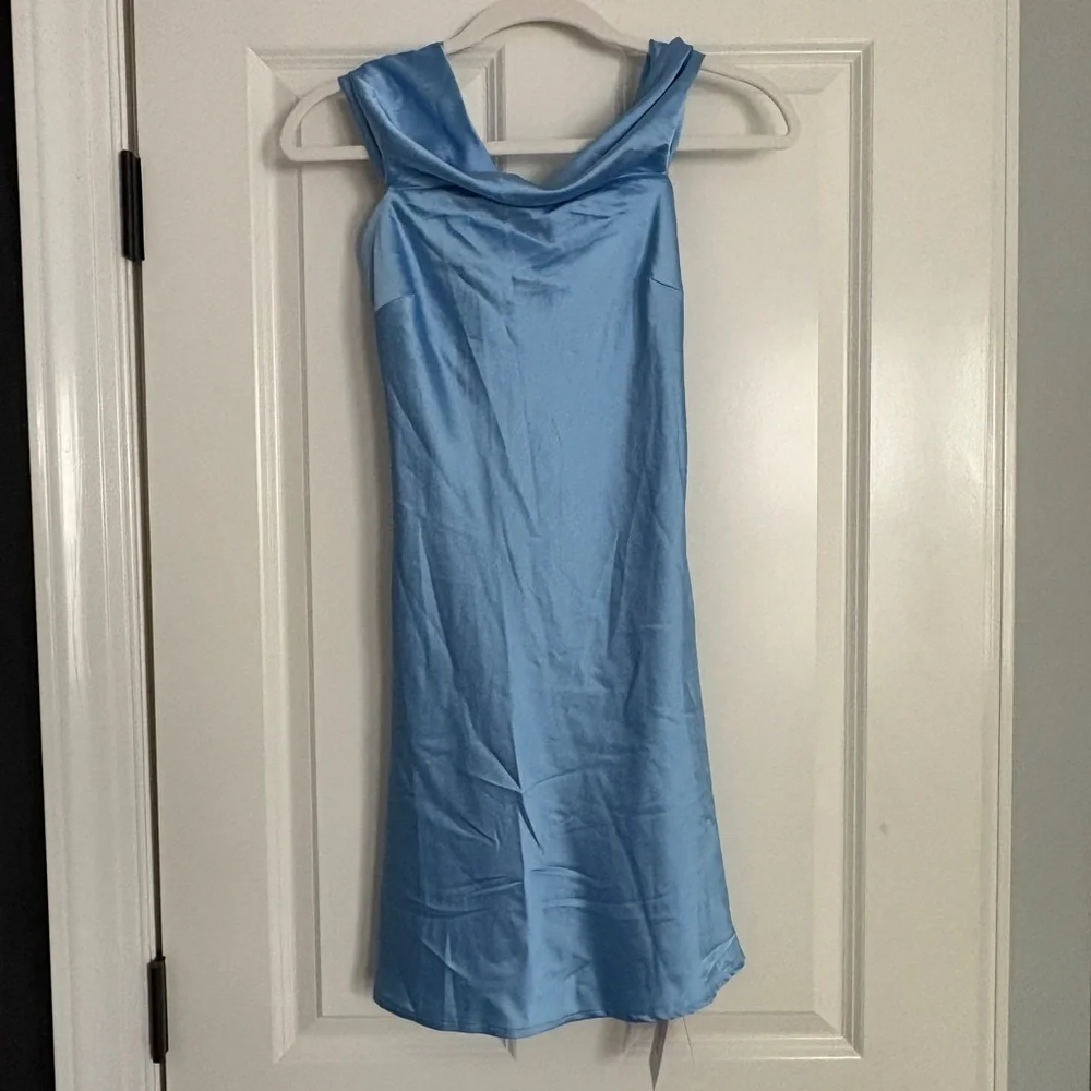 Primrose Blue Satin Off the Shoulder Mini Dress - Picture 3 of 4
